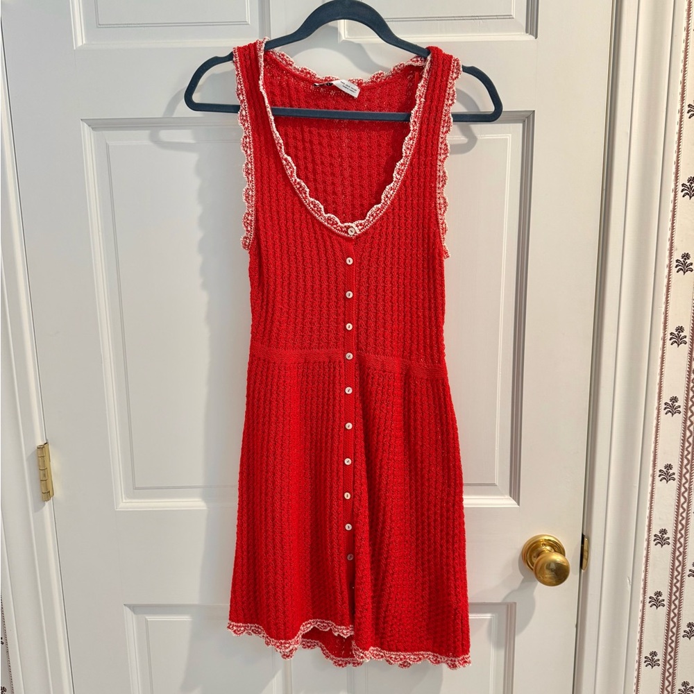 Zara Red Crochet Mini Dress with White Trim, Size S